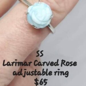 Larimar  adjustable  carved rose ring , string silver